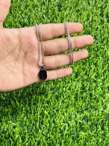 Men’s Silver Chain Necklace with Black Rectangular Pendant – Modern & Minimalist Design