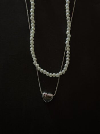 Elegant Dual-Layer Necklace with Pearl Choker and Heart Pendant