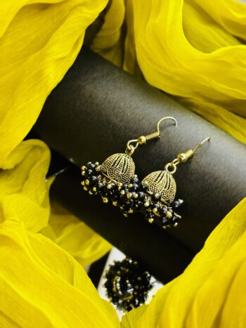 Antique Gold Black/ Red Beaded Jhumka Earrings – Traditional Indian Ethnic Wear