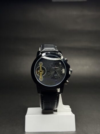 Cassray Men’s Leather Watch – Moving Gear Dial & Date Display