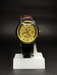 Cassray Men’s Gold Dial Watch – Brown Leather Strap & Multifunction Analog