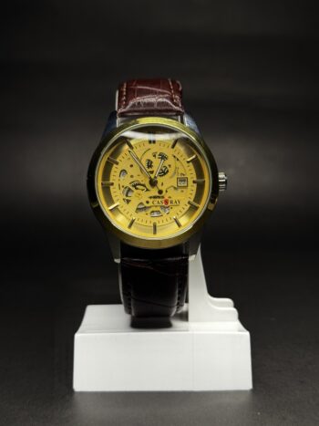 Cassray Men’s Gold Dial Watch – Brown Leather Strap & Multifunction Analog